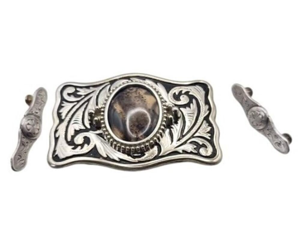 Western Belt Buckle Dendritic Agate Cabochon Silver Engraved Accents Side Pieces